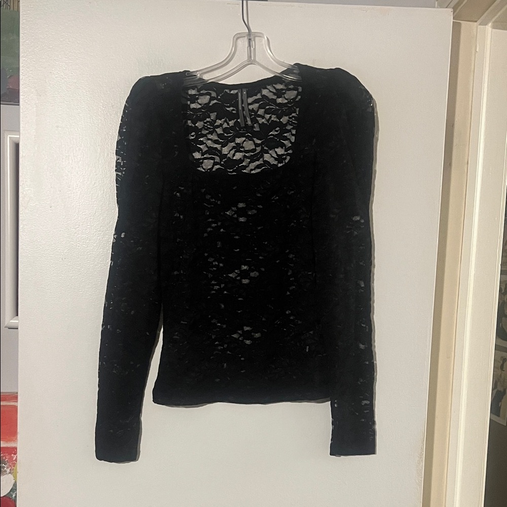 Anthropologie black lace square neck long sleeve top.